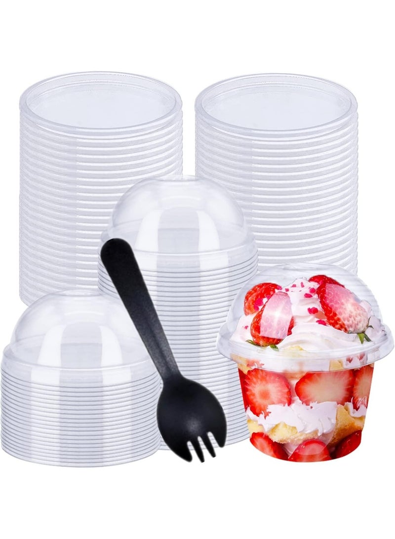 AoMige 100 Pack Disposable Clear Plastic Cups w/Dome Lids Spoon Snack Bowls, Party Appetizer Serving Bowls Food Container Supplies for Ice Cream, Dessert, Cakes, Fruits, Parfaits,Puddings Jello Shots (8OZ) - Image 1